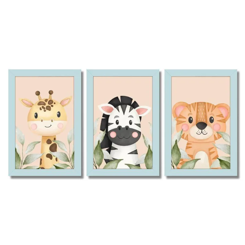 Kit Quadros Infantil Safari Aquarela 20X30 Com Vidro Titulo Moldura Azul