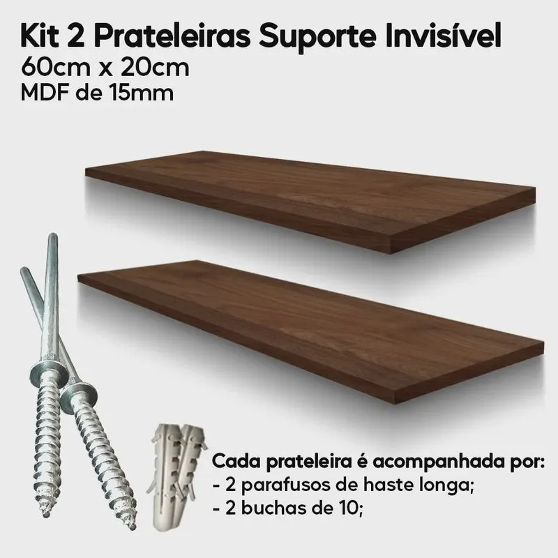 Kit 2 Prateleiras Amadeirada de Mdf 60x20 Suporte Invisível