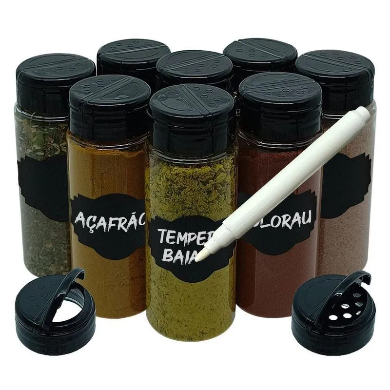 Pote Tempero Kit 8 Potes + 8 Etiquetas Adesivas Tampa Dupla