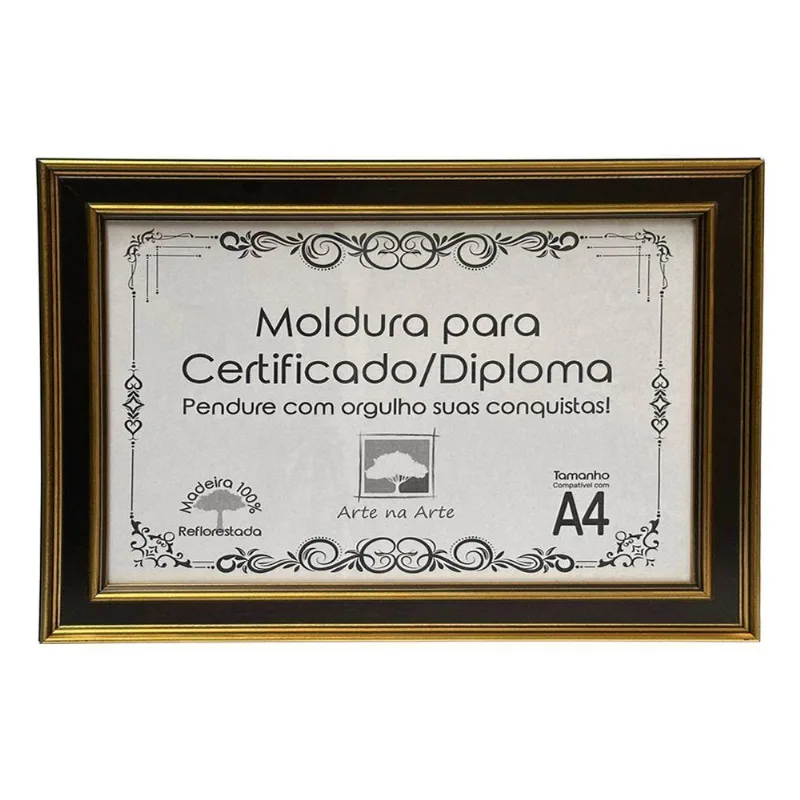 Moldura A4 Certificado Diploma Premium Luxuoso Tela Acetato Titulos Moldura Preta E Dourada