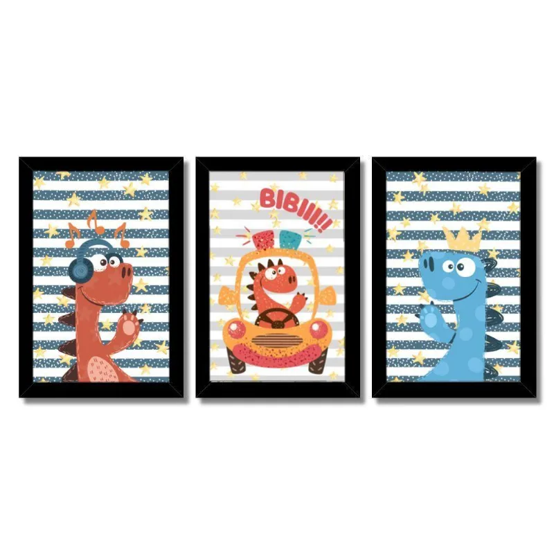 Kit Quadros Infantil Dinossauro Kids 20x30 3 Peças Titulos Moldura Preta