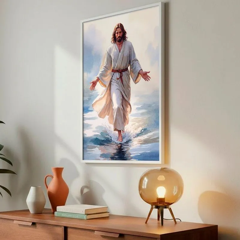Quadro Decorativo Jesus Sobre As Águas Retangular 60x90cm Com Moldura Branca Soleil Home Decor
