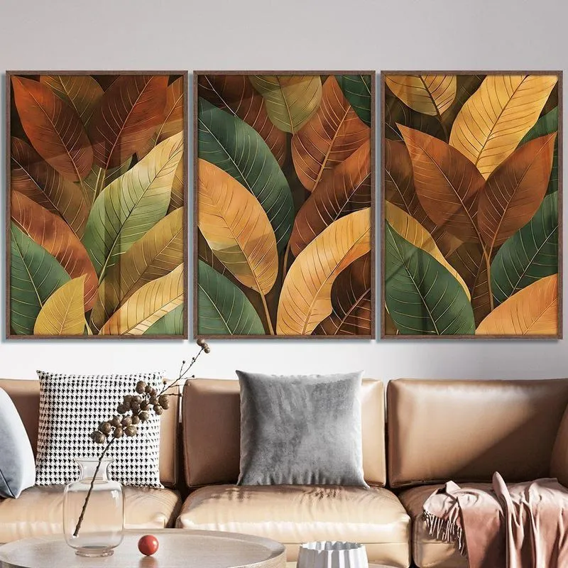 Quadro Decorativo Folhas Outono Retangular 60x90cm Com Madeira Maciça Parafuso Amadeirado Soleil