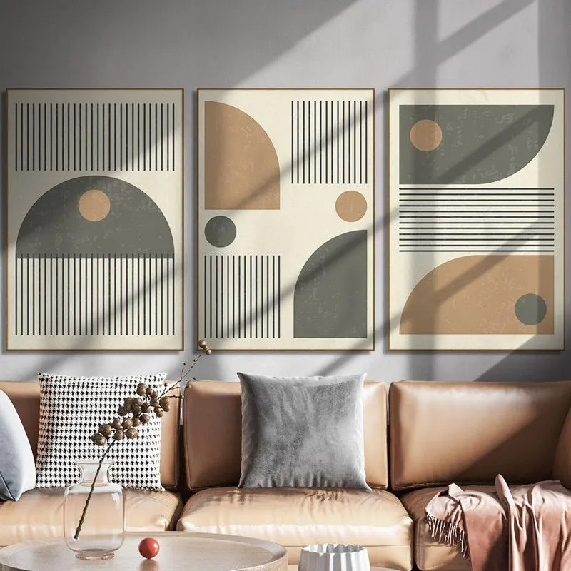 Quadro Decorativo Formas Circulares E Traços Retangular Com Moldura Madeira Maciça Freijó SHD Soleil