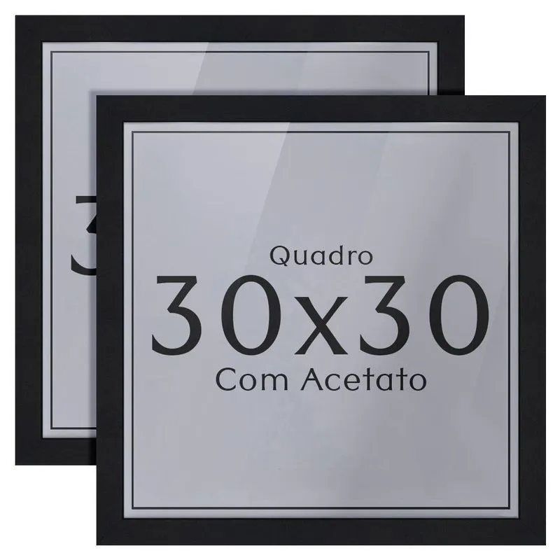 Kit 2 Unidades Moldura 30x30 Quadro com Acetato Quadrado em MDF e Madeira Maciça Preta