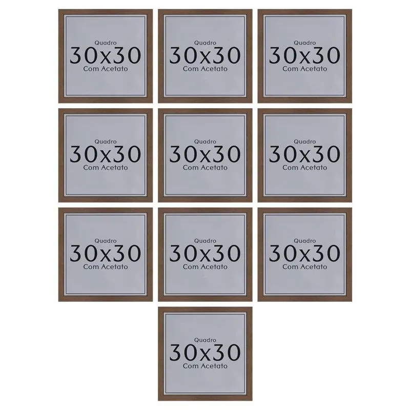 Kit 10 Quadros com Moldura 30x30 Quadrado com Acetato Madeira Maciça Amadeirado Ypê