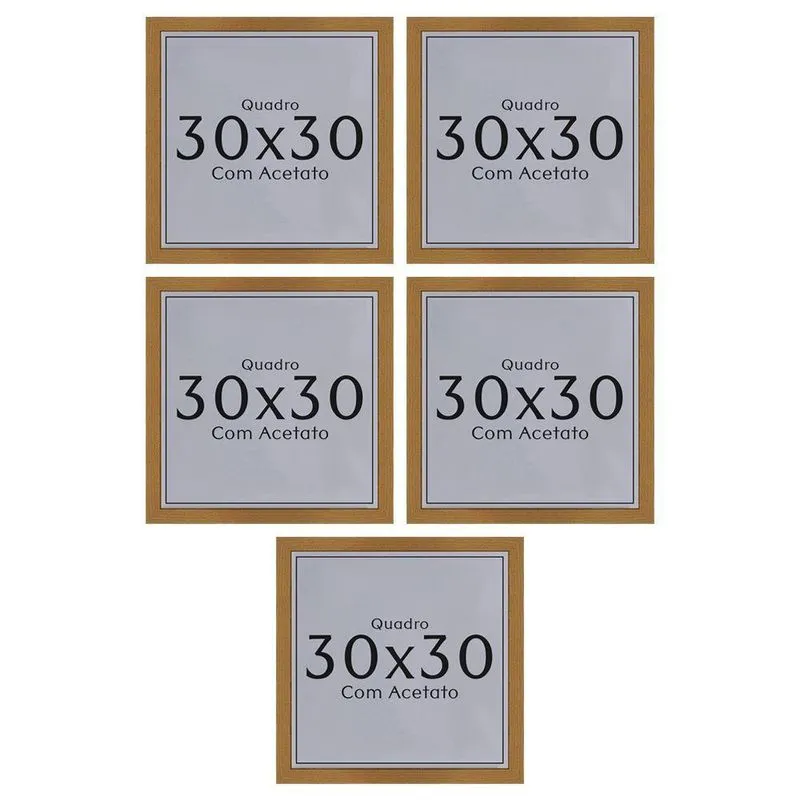 Kit 5 Quadros 30x30 com Acetato Moldura Madeira Maciça Freijó