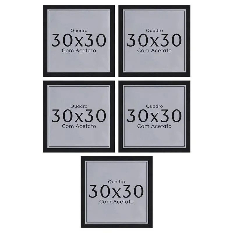 Kit 5 Quadros 30x30 com Acetato e Fundo MDF Madeira Maciça Preta