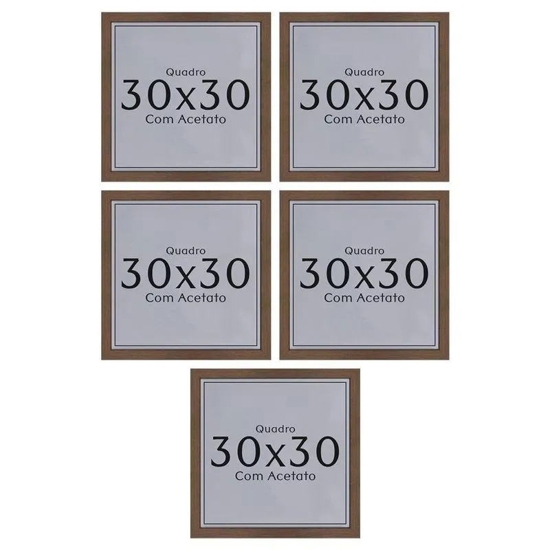 Kit 5 Quadros 30x30 com Acetato e Fundo MDF Madeira Maciça Amadeirado Ypê