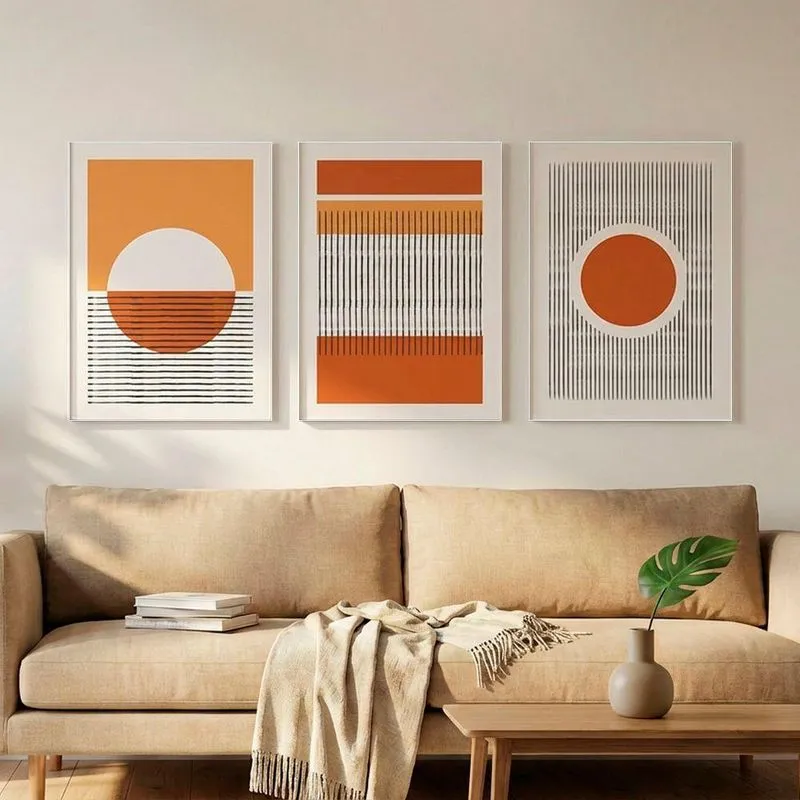 Quadro Decorativo Círculos Linhas Boho 3 Peças Em Mdf Com Moldura Branca Shd Soleil Home