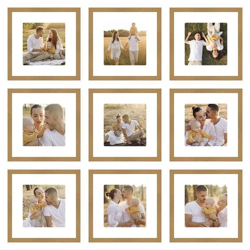 Kit Quadro Porta Retrato 30x30 Foto 20x20 Paspatur Branco Moldura Freijó 9 Unidades