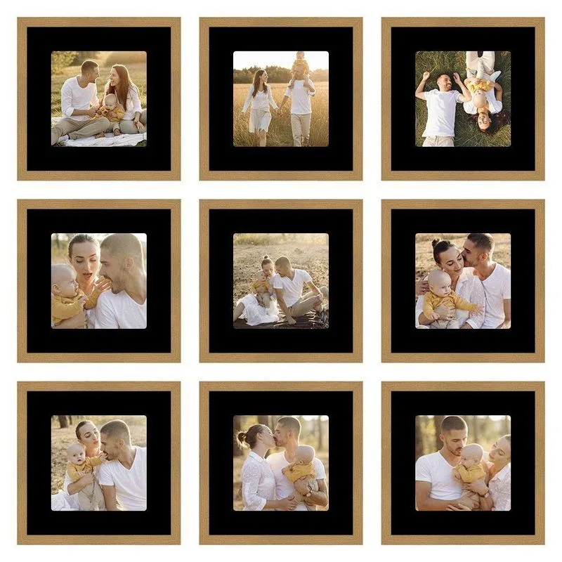 Kit Quadro Porta Retrato 30x30 Com Paspatur Preto E Moldura Freijó 9 Unidades