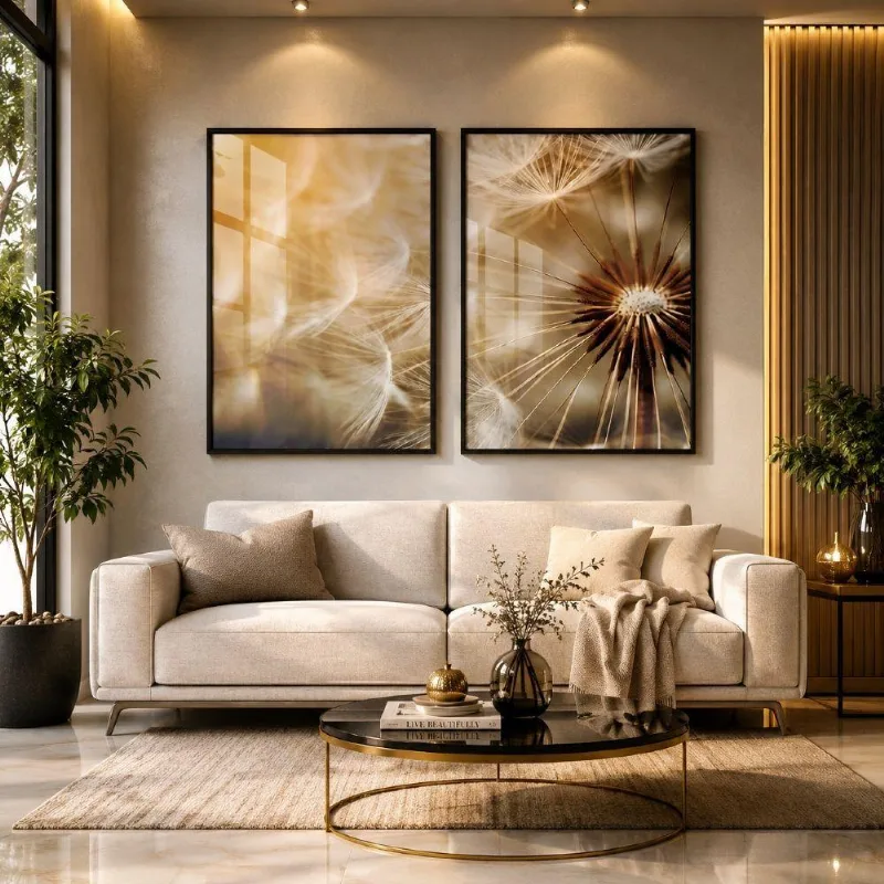 Quadro Decorativo Dente De Leão Duo 02 Retangular Vidro Acrílico Moldura Preta SHD Soleil Home Decor