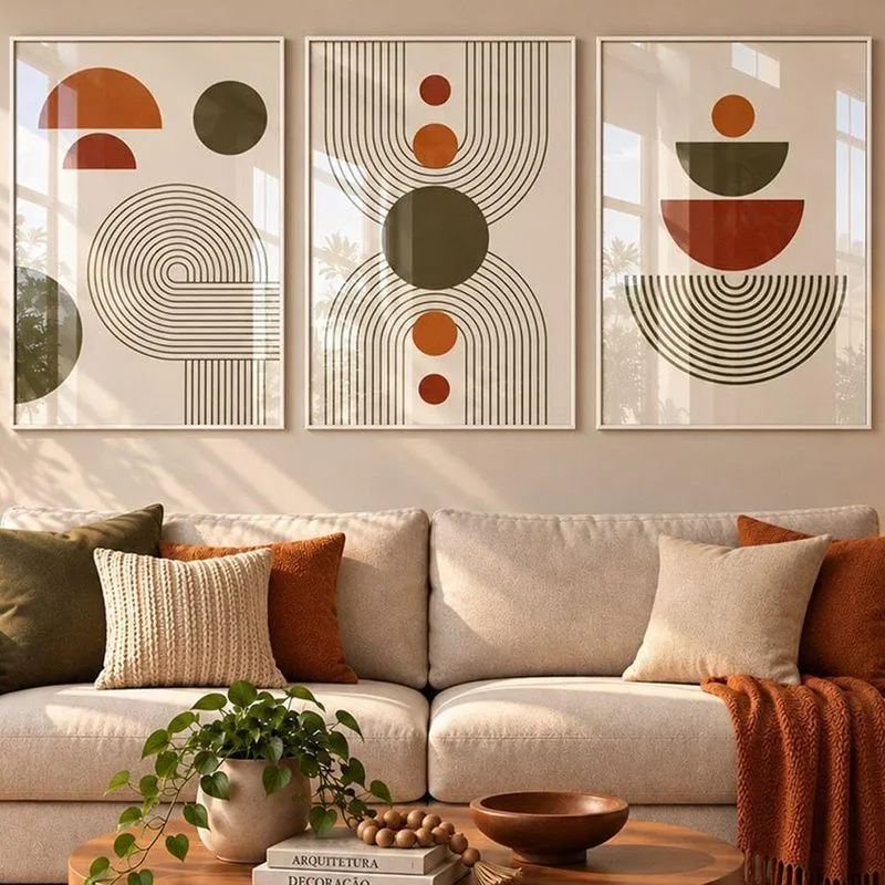 Quadro Decorativo Abstrato Moderno Geométrico Boho 40x60 Com Vidro Acrílico Em Mdf Com Moldura