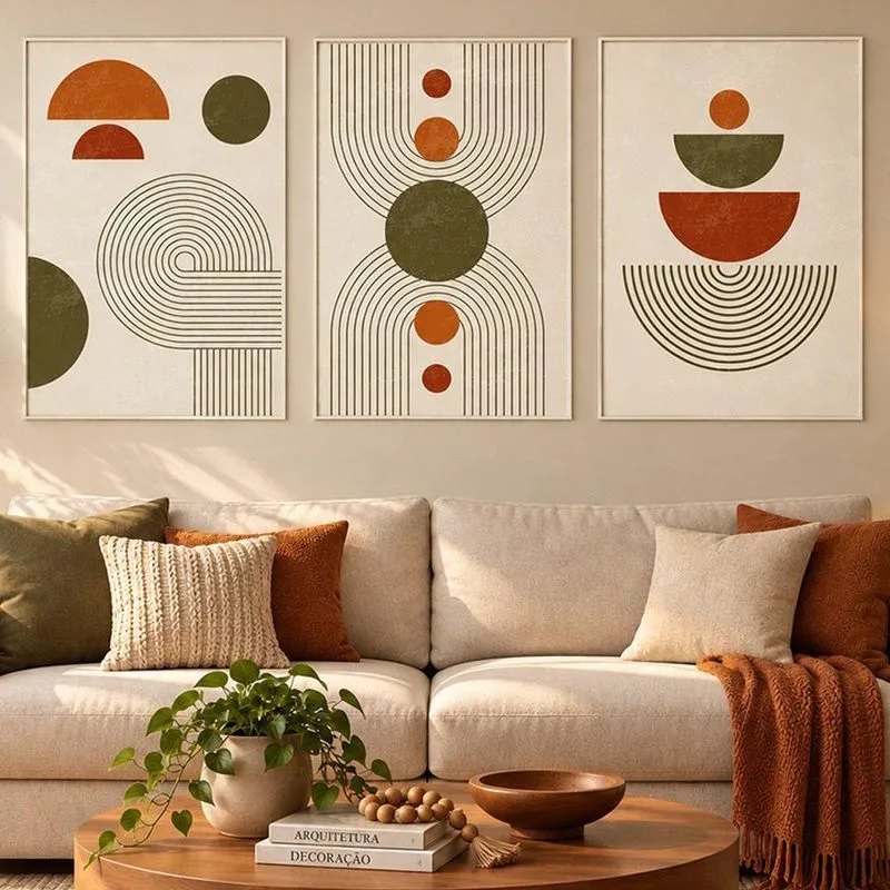 Quadros Decorativos Abstrato Moderno Geométrico Boho Retangular Com Moldura Branca Shd Soleil Home