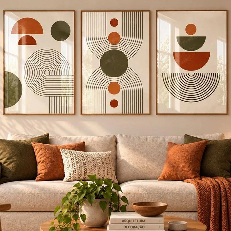 Quadro Decorativo Abstrato Moderno Geométrico Boho 50x75 Com Vidro Acrílico Em Mdf Freijó Shd Soleil