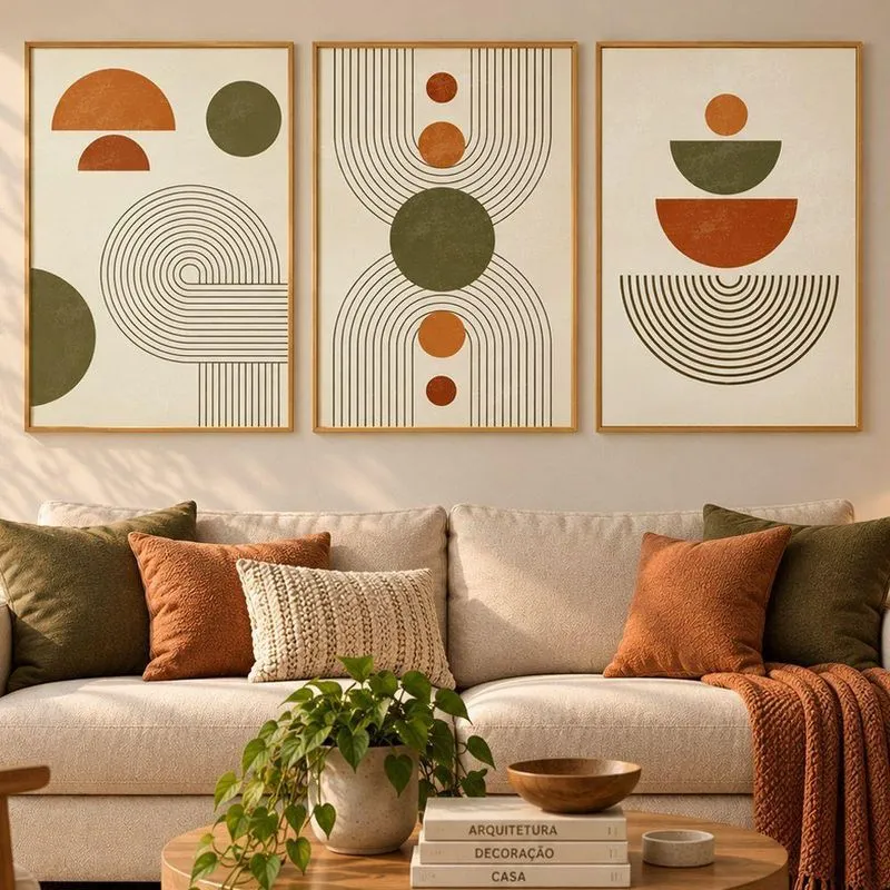 Quadro Decorativo Abstrato Moderno Geométrico Boho Retangular Com Moldura Premium Freijó SHD Soleil