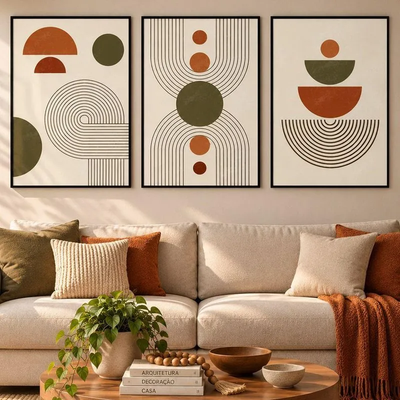 Quadro Decorativo Abstrato Moderno Geométrico Boho Retangular Com Moldura Preta 50x75 Shd Soleil