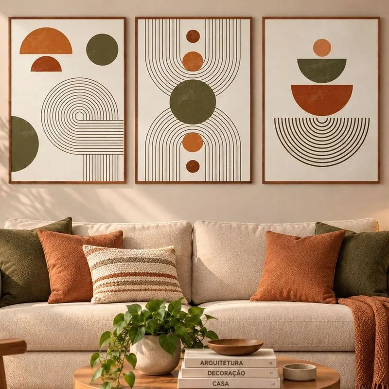 Quadro Decorativo Abstrato Moderno Geométrico Boho 60x90 Com Moldura Madeira Maciça Ypê Shd Soleil