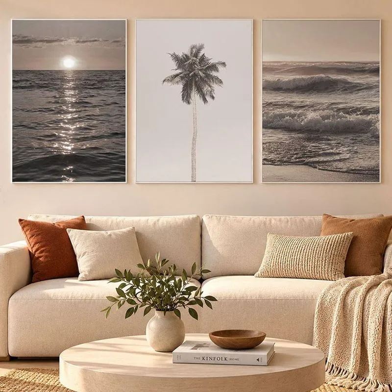 Kit 3 Quadros Decorativos Mar Praia Sol Sépia Moldura Filete Em MDF Com Madeira Maciça Branca SHD
