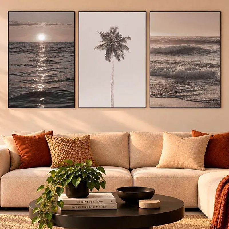 Quadro Decorativo Mar Praia Sol Sépia Retangular Com Moldura Madeira Maciça Preta Shd Soleil Home