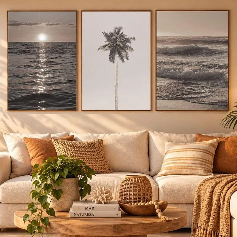 Quadro Decorativo Mar Praia Sol Sépia Retangular 3 Peças Em Mdf Com Moldura Madeira Amadeirado Shd