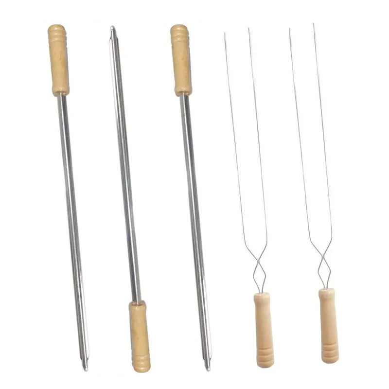 Kit 5 Espetos Simples E Duplo Inox Cabo Madeira Churrasco
