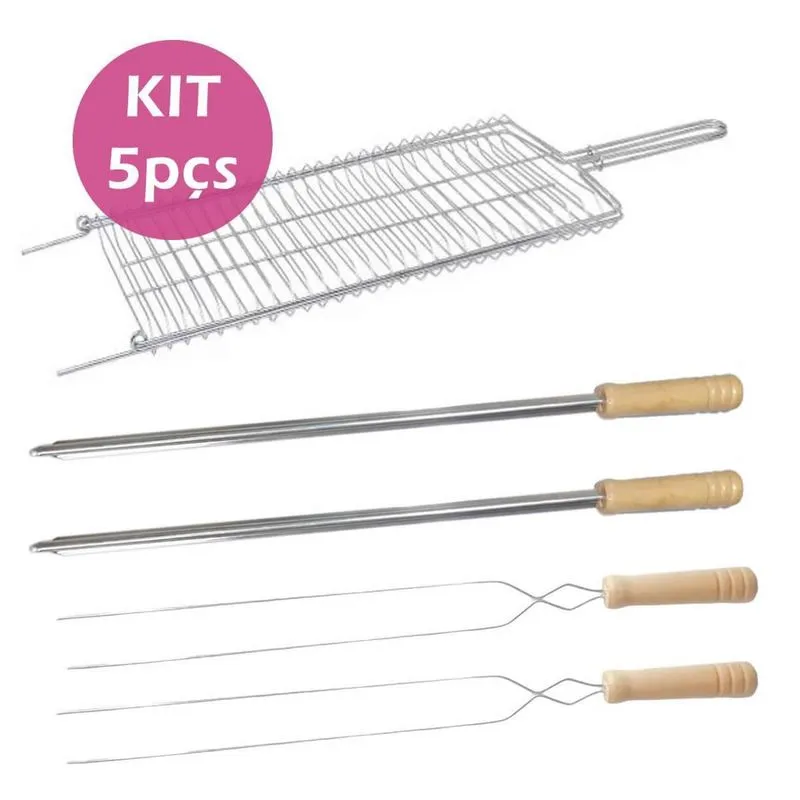 Kit Grelha 2Un Espetos Duplo E 2Un Simples Inox Churrasco