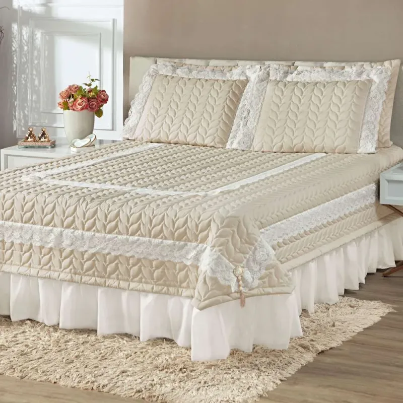 Colcha King Romantica Micropercal 200 Fios 5 Pe�as - Palha - Casa Modelo Enxovais