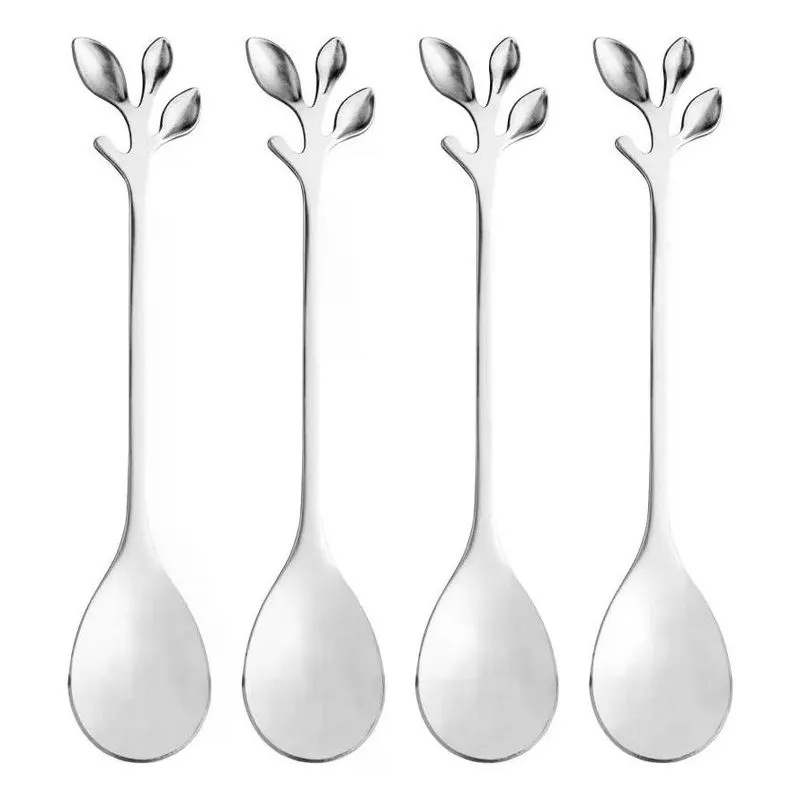 Cj 4 colheres de cha de aco inox leaves prata lyor