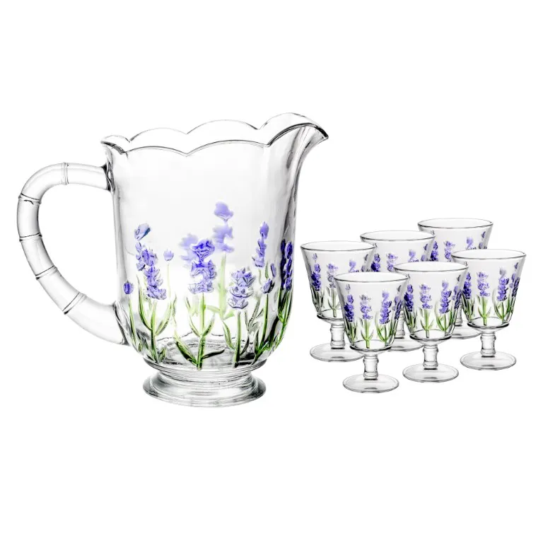 Cj Jarra C/6 Tacas Cristal Lavanda Hand Painting 1,5l/240ml