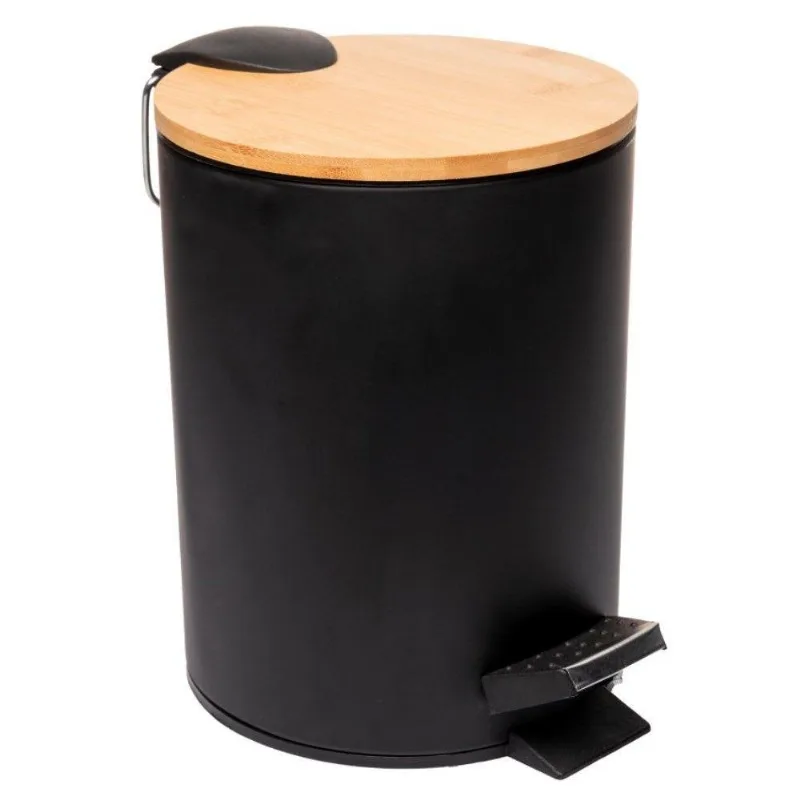 Lixeira 5l Redonda De Metal Com Pedal E Tampa Em Bambu Preta Lyor - LYOR