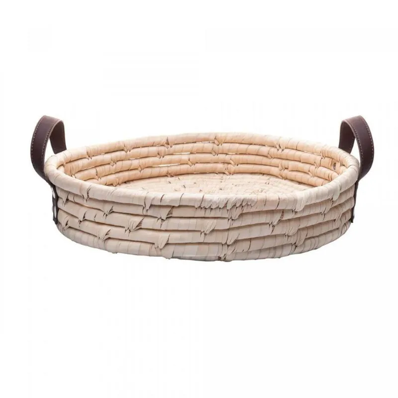 Bandeja Redonda Em Fibra Natural Braid Com Alça Em Couro 36cm Lyor - LYOR