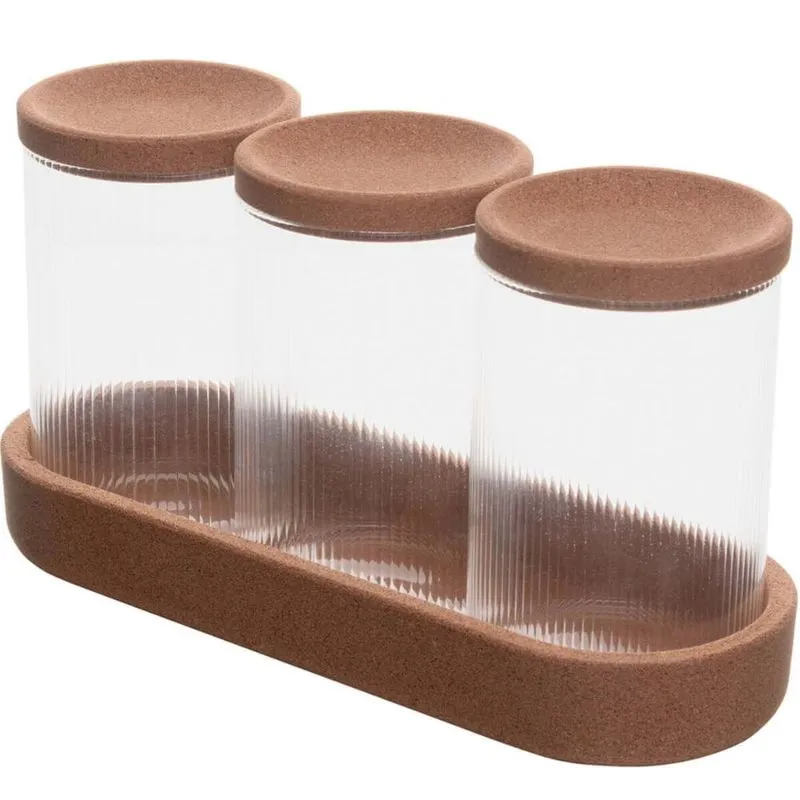 Suporte 3 Potes de Vidro Lyor 500ml Tampa Rolha Porta Mantim