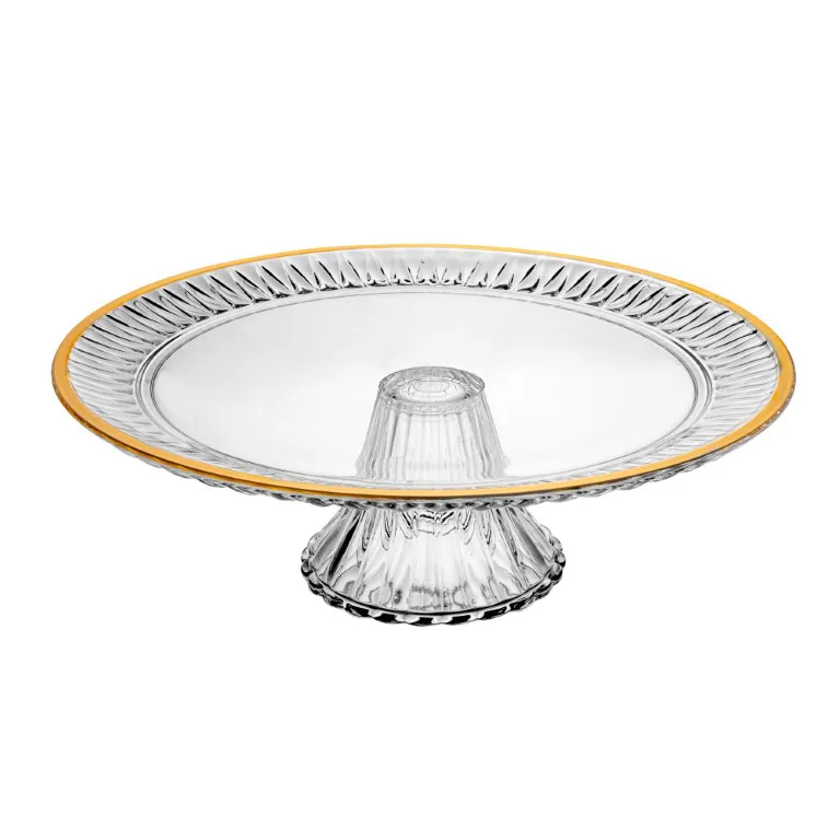 Prato Para Bolo De Cristal C/ Pe E Fio De Ouro Radial 32x32x10cm