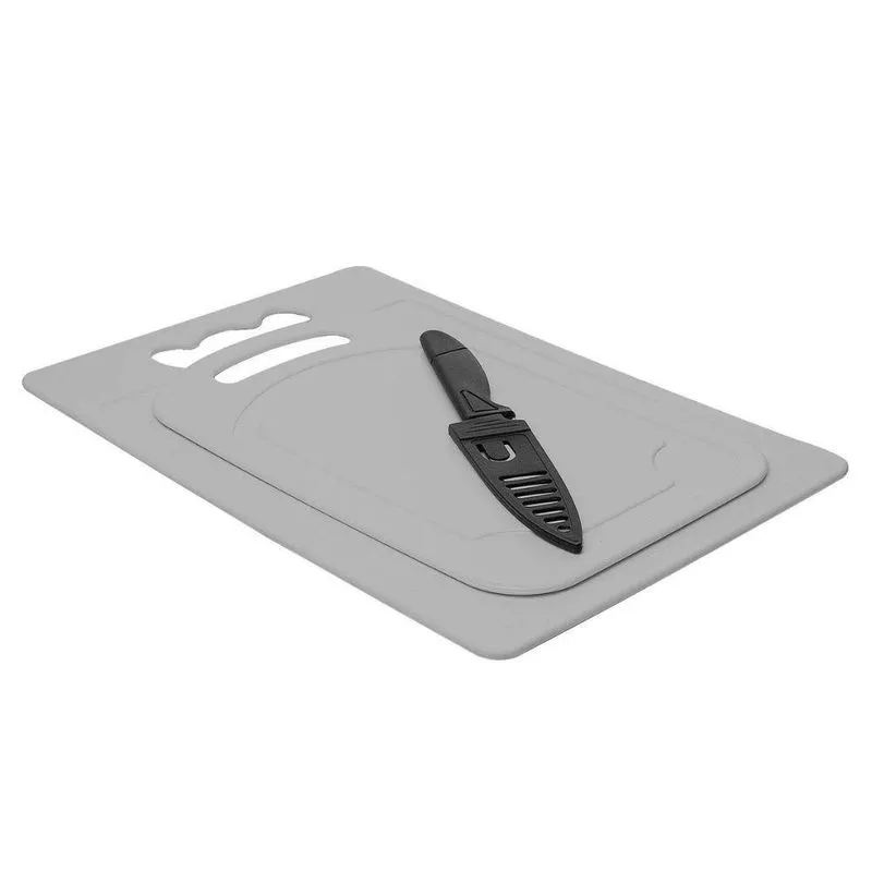 Conjunto 2 Tábuas Em Plástico Para Corte E Faca Com Capa Protetora Cinza Lyor