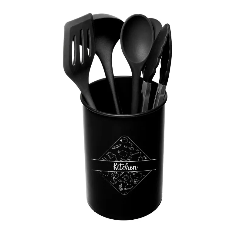 Cj 5 Utensilios Para Cozinha De Silicone Com Suporte Preto