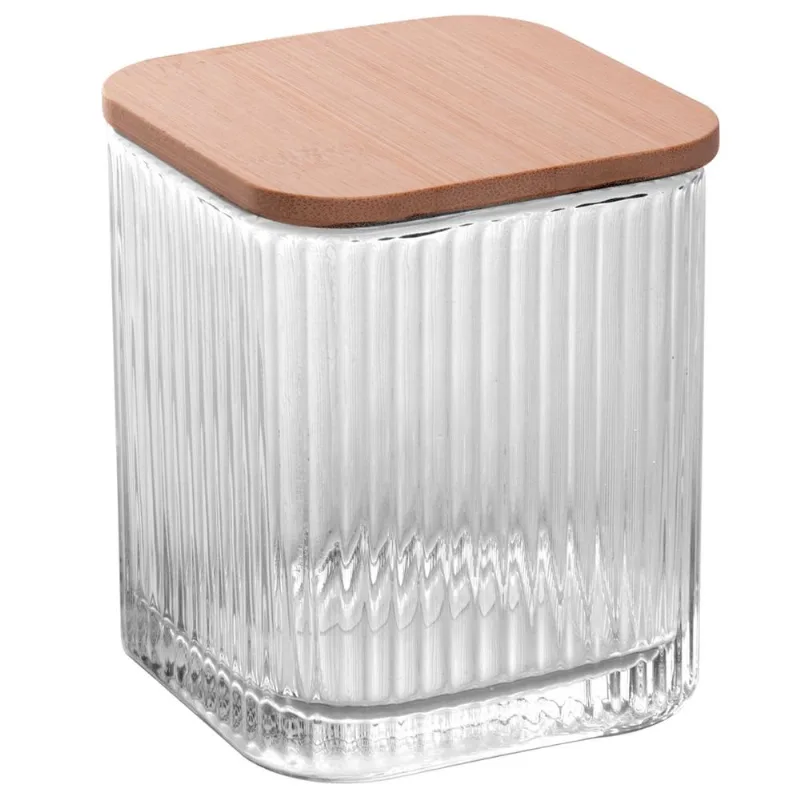 Porta Cotonete Lines C/ Tampa Bambu 9,5cm em Vidro Lyor - LYOR