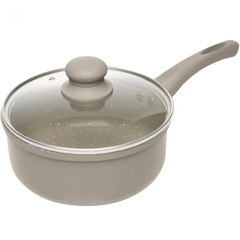 Panela De Indução 18cm Alumínio Com Revestimento Ceramico E Tampa De Vidro Taupe