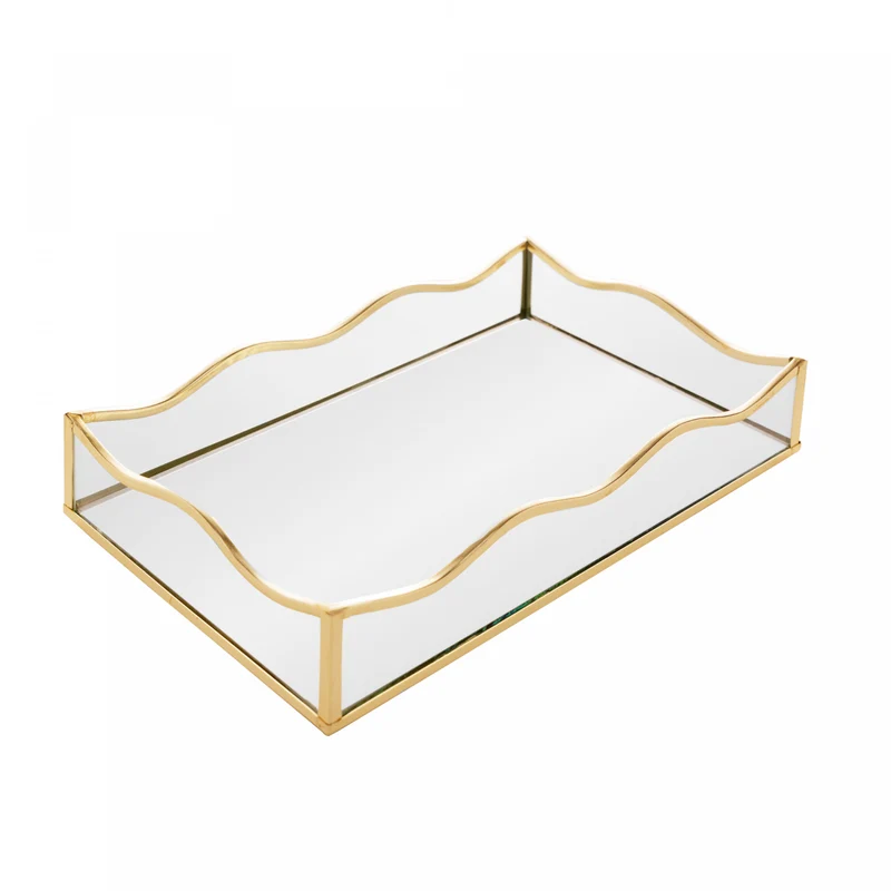 Bandeja com Espelho Ocean 15cm x 25cm x 4cm Dourada Metal - Lyor Unico