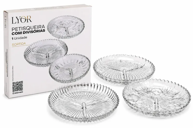 Petisqueira de Vidro Lyor com 3 Divisórias Redonda para Petiscos e Aperitivos