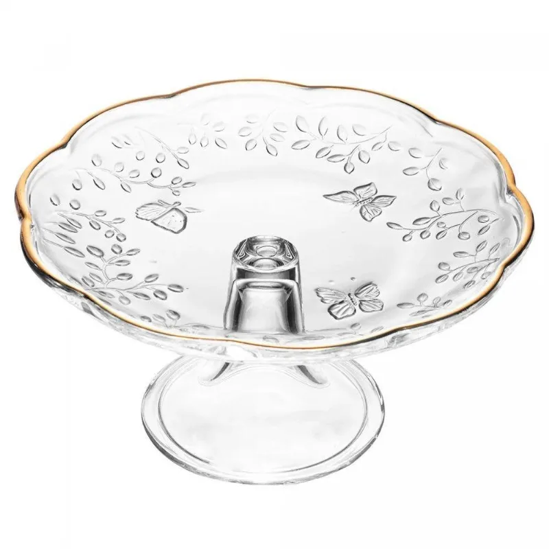 Prato Para Bolo 27 Cm De Cristal Com Pé New Butterfly Com Fio De Ouro Lyor - LYOR