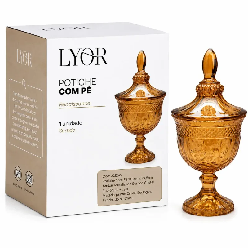 Potiche Bomboniere Decorativo com Pé e Tampa Lyor Âmbar Metalizado 24,5cm Cristal Ecológico