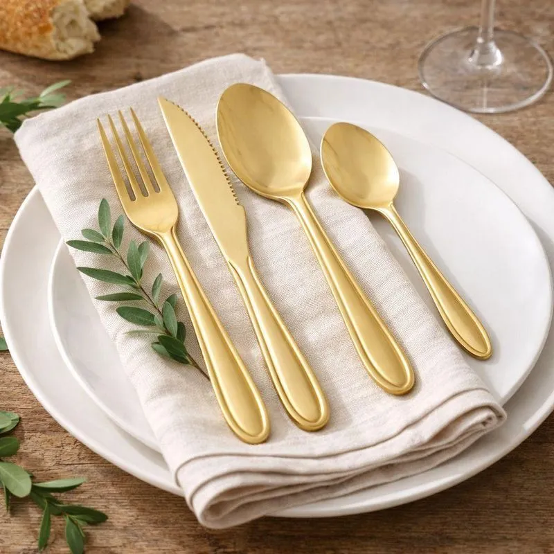 Faqueiro Dourado 24 Peças Aço Inox Acabamento Sofisticado Para Mesa Lyor