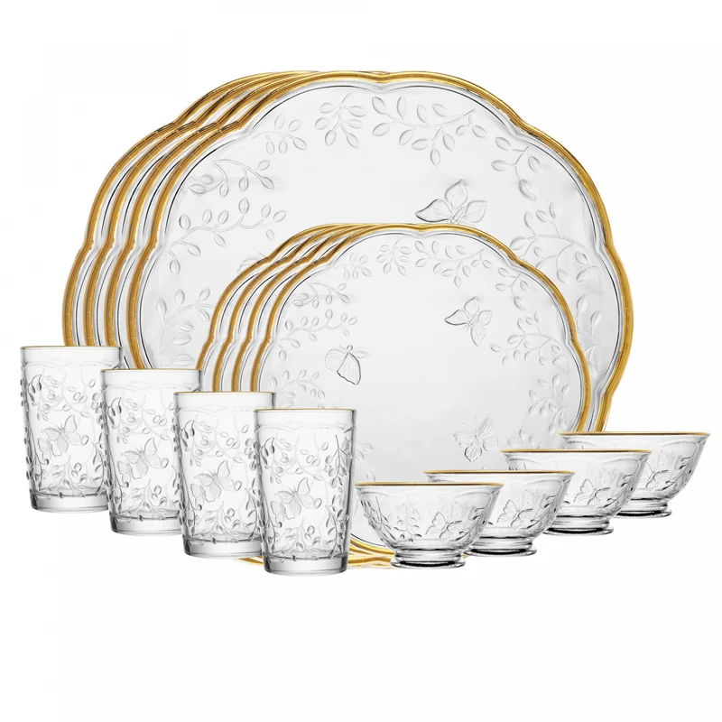 Jogo de Jantar 16 peças New Butterfly com Fio de Ouro Cristal Ecológico - Lyor Unico