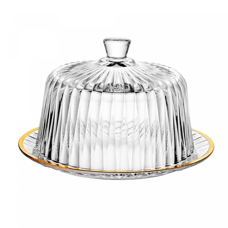 Queijeira com Tampa e Fio de Ouro Radial 20cm x 20cm x 12,5cm Cristal - Lyor Unico - LYOR