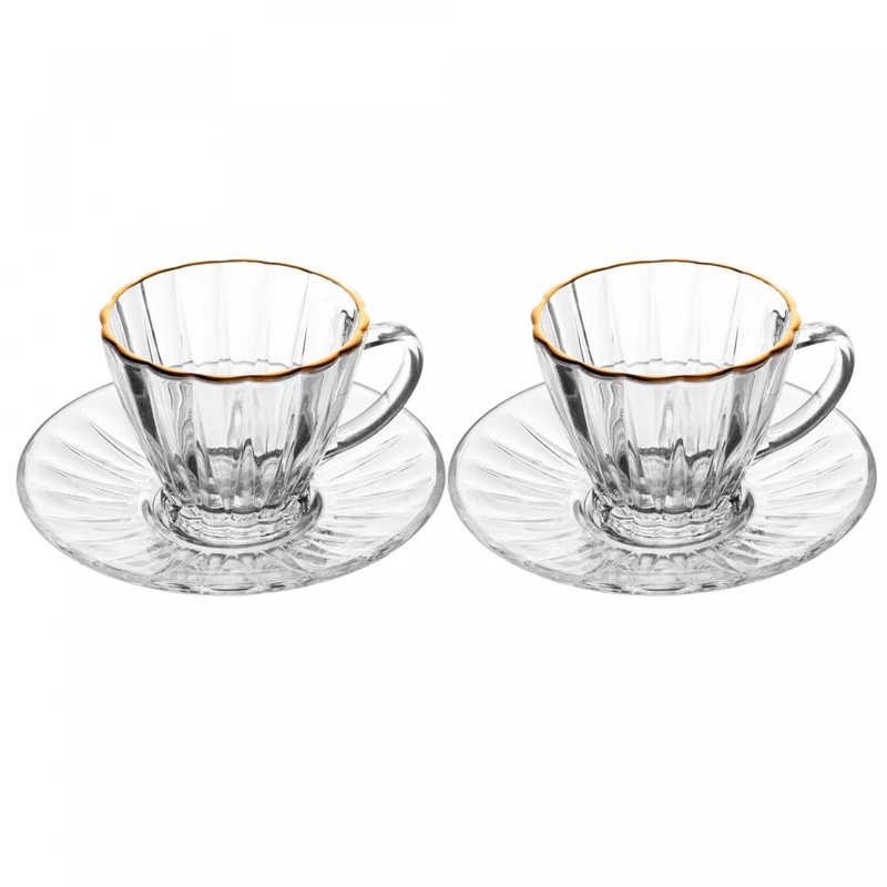 Conjunto 2 Xícaras para Chá com Fio de Ouro e Pires Radial 180ml Cristal - Lyor Unico