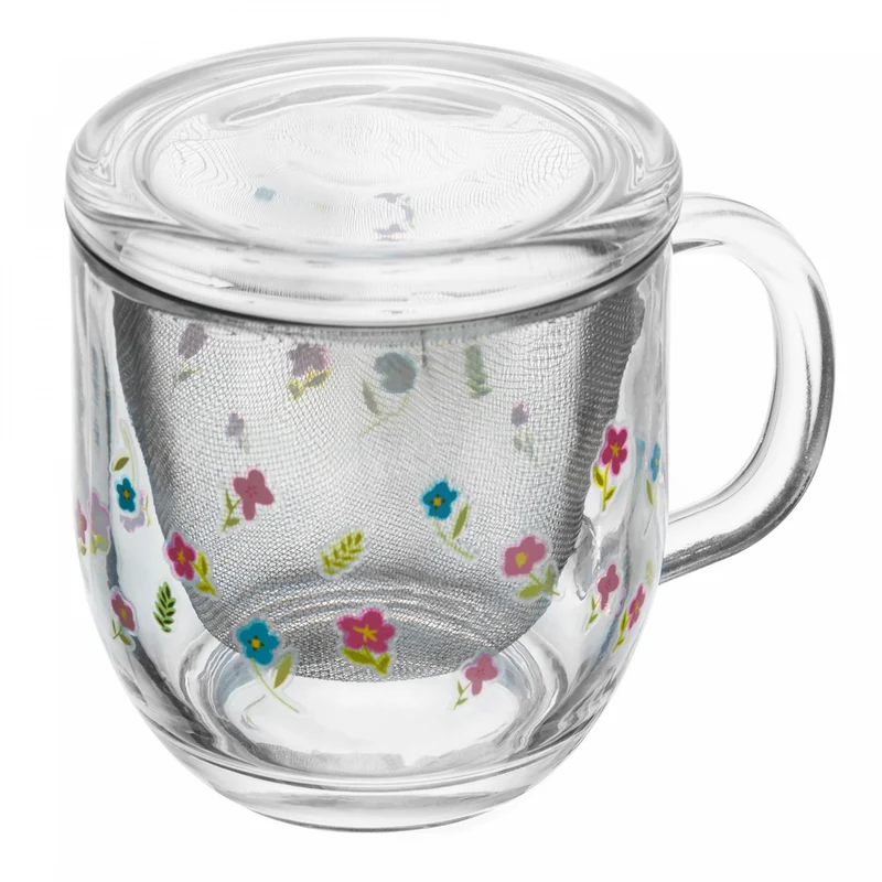 Caneca com Infusor e Tampa Primavera com Flores Rosa 330ml Vidro - Lyor Unico - LYOR