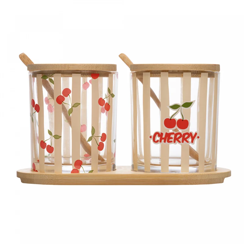 Conjunto 2 Potes de Vidro com colher e Bandeja Cherry 19 cm x 9,5cm x 10,5cm Bambu - Lyor Unico