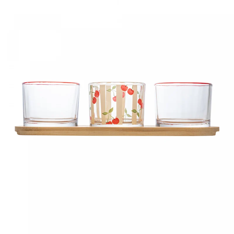 Conjunto 3 Petisqueira de Vidro com Bandeja Cherry 24cm x 8cm x 5,5cm Bambu - Lyor Unico